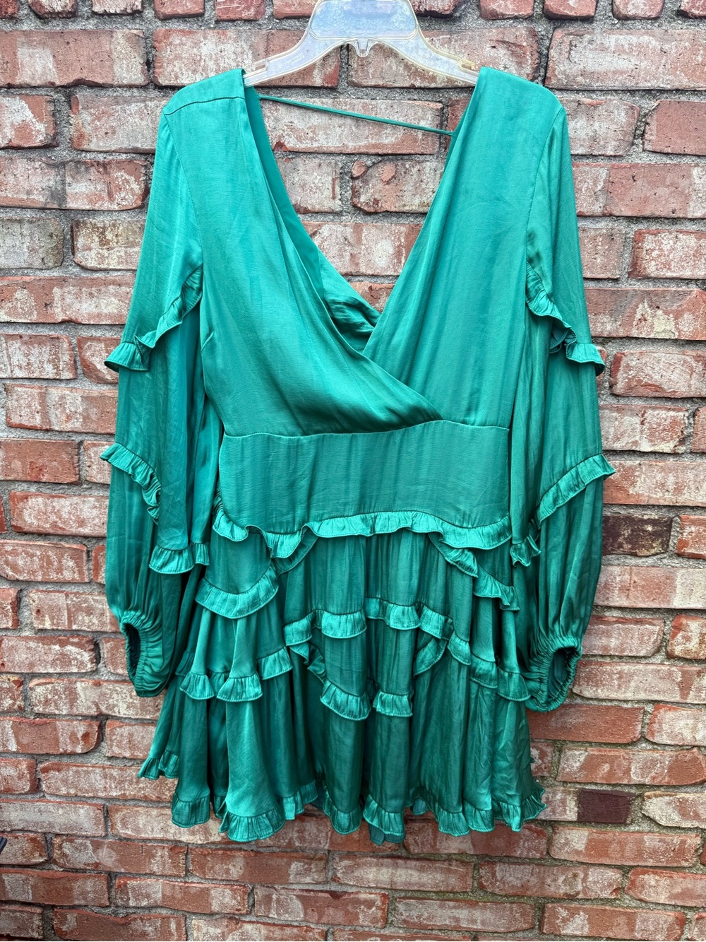 Green Ruffle V-Neck Mini Dress with Tiered Skirt